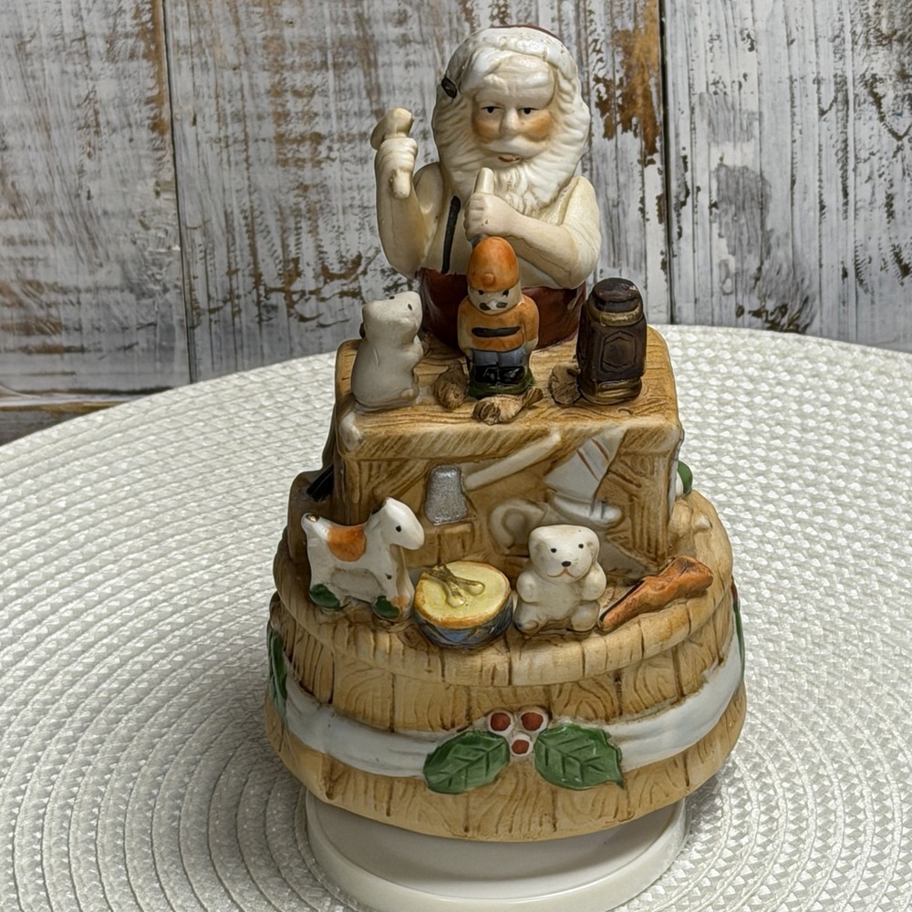 Ceramic Santa Making Toys Music Box Plays "Here comes Santa Clause" 6.5 x 4"